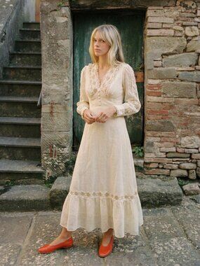 1970s Ivory Lace Trimmed Maxi Dress